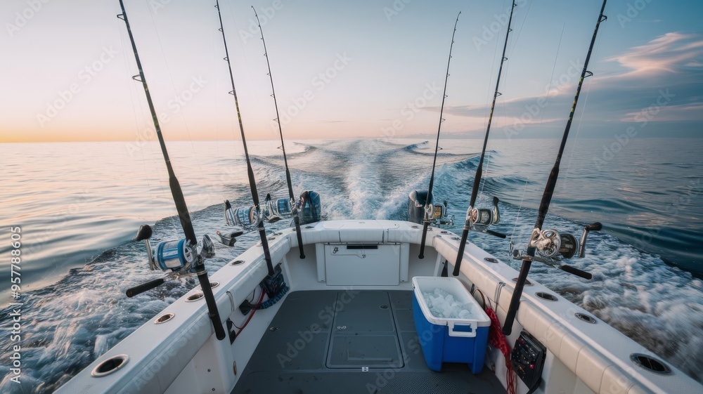 Offshore Fishing Boat with Trolling Rods and Reels, Sea Reflection, and Horizon Wake Offshore Fishing Boat with Trolling Rods and Reels, Sea Reflection, and Horizon Wake