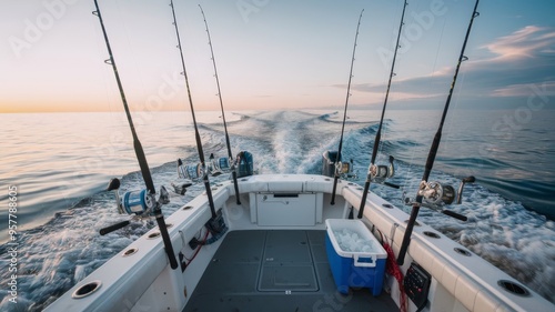 Offshore Fishing Boat with Trolling Rods and Reels, Sea Reflection, and Horizon Wake