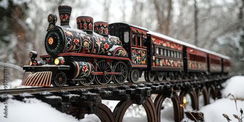 A beautifully decorated train engine and carriages travel through a snowy winter landscape. photo