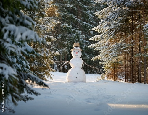 photo realistic image of snowman in everygreen forest photo