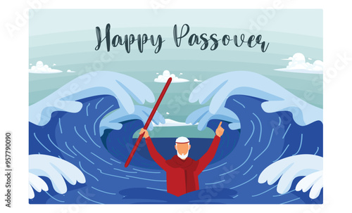 Jewish holiday Pesach. Moses parted the Red Sea. Passover Day concept. Flat vector illustration.
