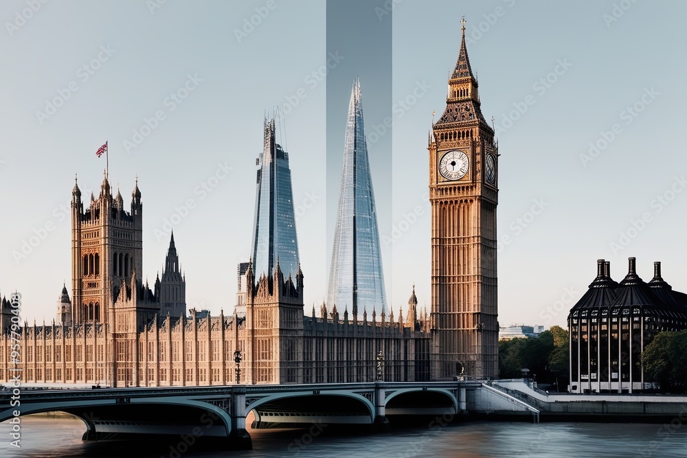 Fototapeta premium Big Ben London Cityscape Double Exposure Minimalist Art Collage