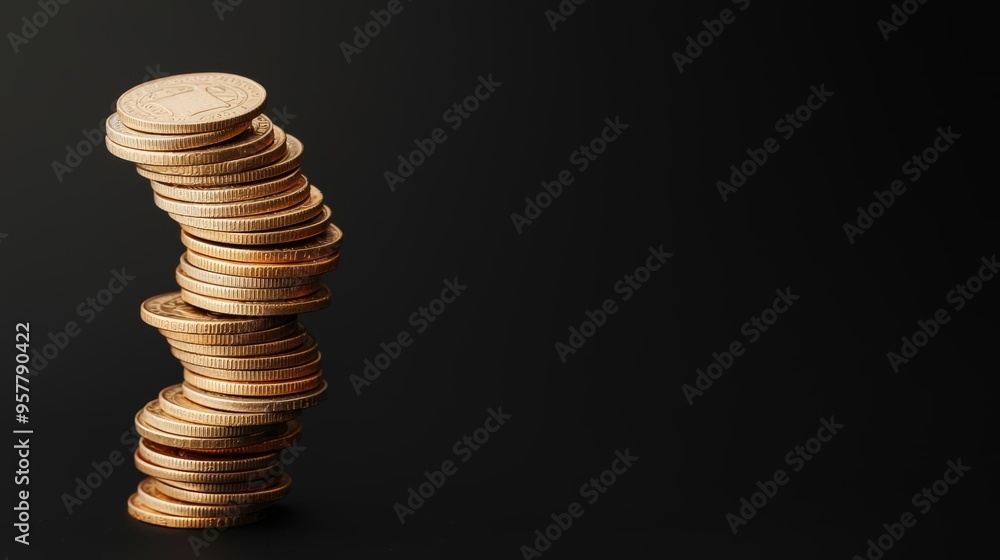 Collapsing tower of stacked pound coins on a black background, symbolizing financial instability, UK crisis Collapsing tower of stacked pound coins on a black background, symbolizing financial instability, UK crisis