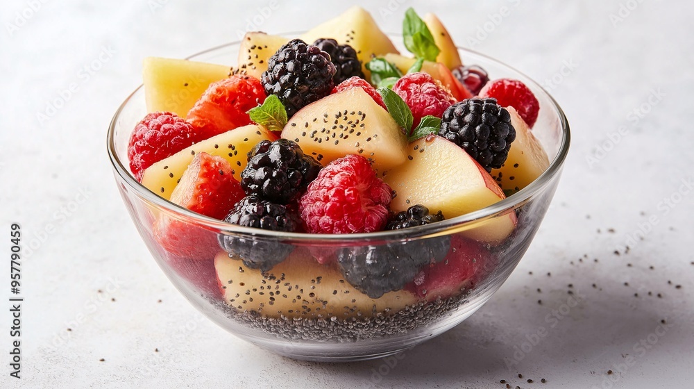 Fresh Fruit Salad with Poppy Seeds: A vibrant mix of juicy peach, plump raspberries, and blackberries, sprinkled with poppy seeds for a touch of texture and flavor. Perfect for a healthy Fresh Fruit Salad with Poppy Seeds: A vibrant mix of juicy peach, plump raspberries, and blackberries, sprinkled with poppy seeds for a touch of texture and flavor. Perfect for a healthy