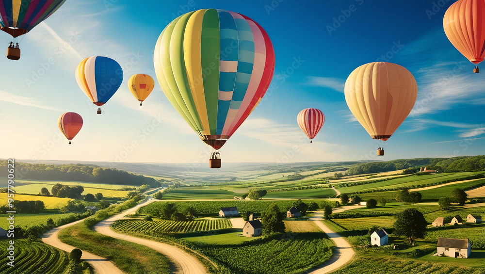 Fototapeta premium Sky High: Balloons and Farmlands Below
