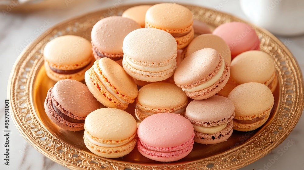 A beautiful arrangement of macarons on a gold-rimmed platter, with a few macarons broken open to reveal their creamy filling. A beautiful arrangement of macarons on a gold-rimmed platter, with a few macarons broken open to reveal their creamy filling.