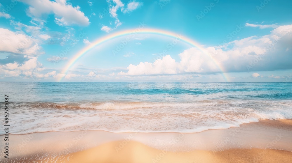 A beautiful rainbow appearing over a sandy beach with gentle waves and a clear sky, creating a tranquil seaside scene. A beautiful rainbow appearing over a sandy beach with gentle waves and a clear sky, creating a tranquil seaside scene.
