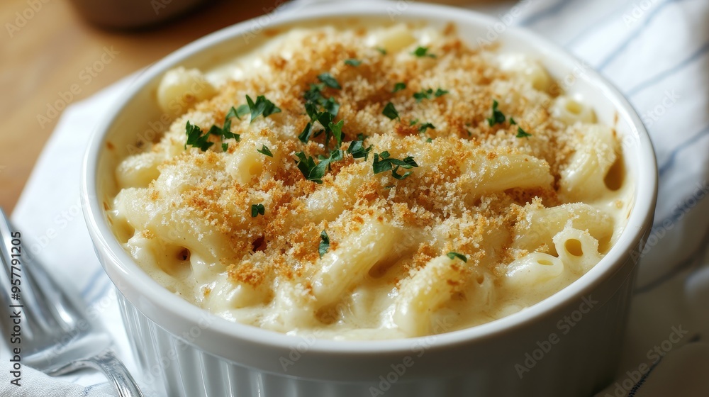 A bowl of creamy mac and cheese topped with crispy breadcrumbs, perfect for a comforting, homestyle meal. A bowl of creamy mac and cheese topped with crispy breadcrumbs, perfect for a comforting, homestyle meal.