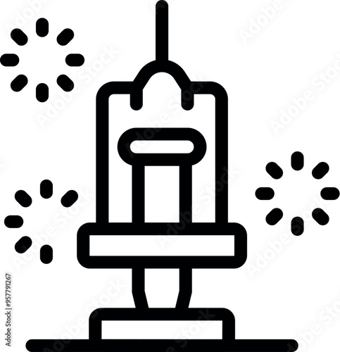 Line vector icon of a drop tower attraction with fireworks exploding in the background