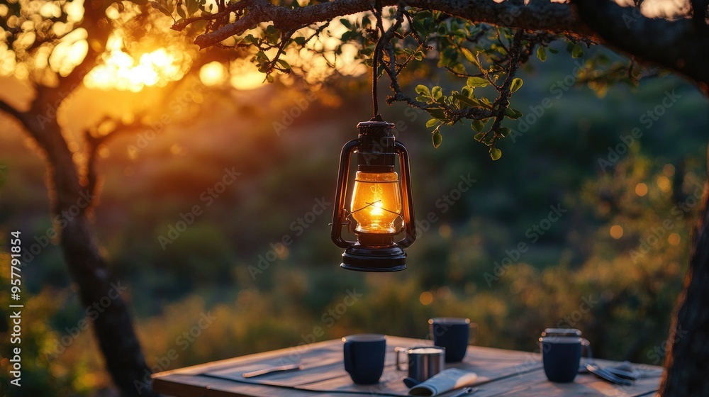 A camping lantern hanging from a tree branch, casting warm light on a picnic table set with cups and utensils. A camping lantern hanging from a tree branch, casting warm light on a picnic table set with cups and utensils.