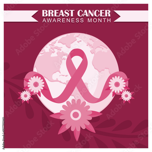 Earth globe with pink ribbon and flowers. Global breast cancer awareness month. Breast cancer awareness month concept. Flat vector illustration.