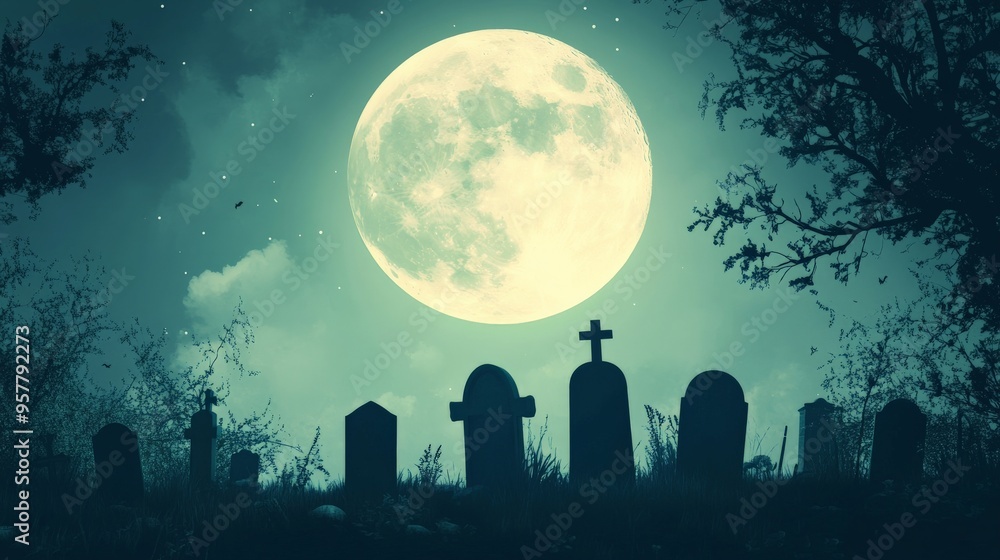 Fototapeta premium Graveyard Under a Full Moon.