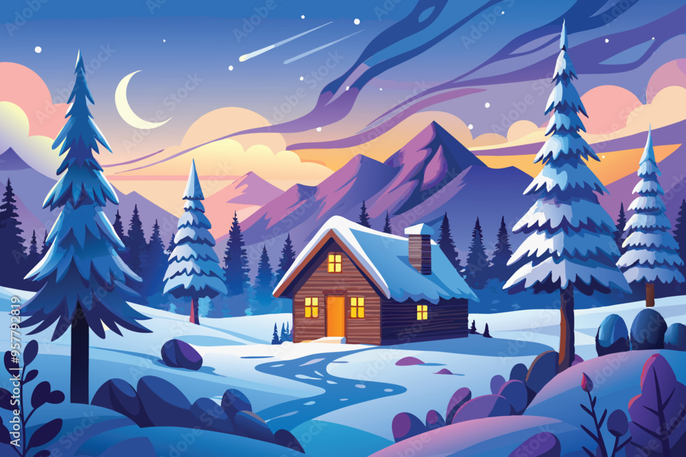 Fototapeta premium A serene snowy landscape with evergreen trees, a snow-covered cabin, and softly falling snowflakes, set against a twilight sky with a glowing moon