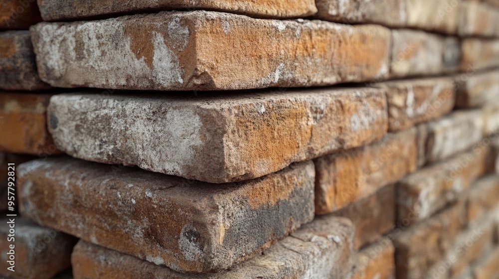 A close-up of a stack of bricks with a focus on the surface textures, mortar lines, and overall construction quality. - A close-up of a stack of bricks with a focus on the surface textures, mortar lines, and overall construction quality. -