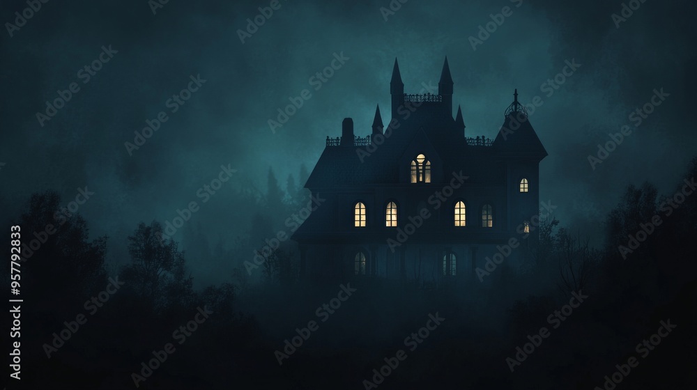 Mysterious Haunted House in the Fog at Night. Mysterious Haunted House in the Fog at Night.