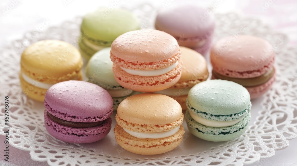 A close-up of macarons in various pastel shades, neatly arranged on a delicate lace doily for a refined presentation. A close-up of macarons in various pastel shades, neatly arranged on a delicate lace doily for a refined presentation.
