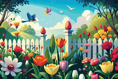 A vibrant garden filled with blooming tulips, daffodils, and roses, with birds perched on a white picket fence and a clear sky overhead