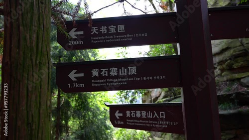 Sign in a forest with directions to various locations in Zhangjiajie near Huangshizhai, China. Handheld photo