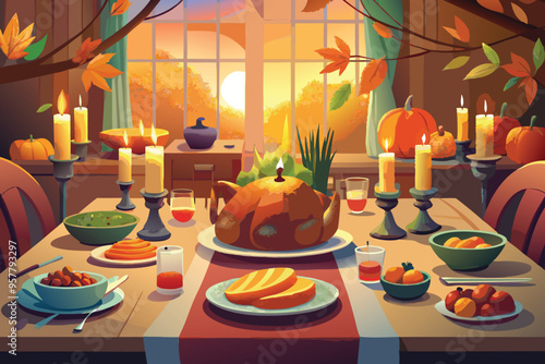 A warm and inviting background featuring a beautifully set dinner table with a roasted turkey, candles, and fall decorations like leaves and pumpkins