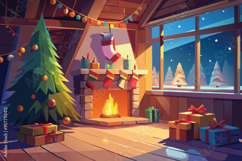 A warm and inviting scene featuring a crackling fireplace with stockings hanging above, a decorated Christmas tree, and wrapped gifts on the floor