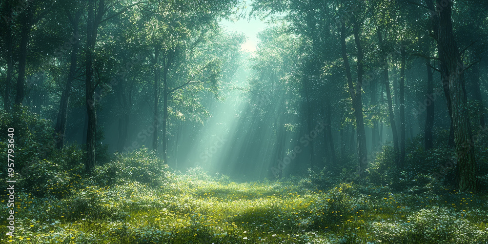 Obraz premium Sunbeams pierce through the dense fog in a lush forest, creating a magical atmosphere.