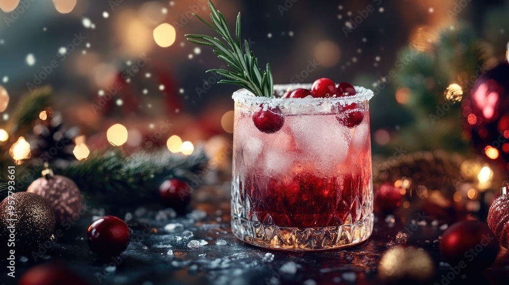 A beautifully lit holiday table with a cranberry cocktail served in a frosted glass, garnished with fresh rosemary, surrounded by Christmas decorations on a dark background A beautifully lit holiday table with a cranberry cocktail served in a frosted glass, garnished with fresh rosemary, surrounded by Christmas decorations on a dark background