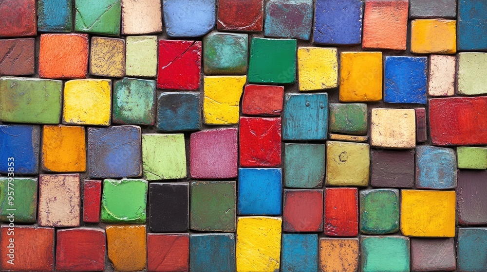A creative arrangement of colorful bricks, creating a visually appealing mosaic pattern on a flat surface. A creative arrangement of colorful bricks, creating a visually appealing mosaic pattern on a flat surface.