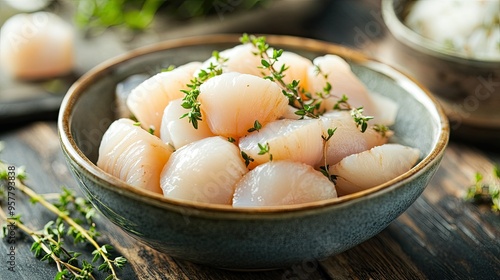 A bowl filled with fresh raw scallops and thyme leaves, close-up view on a wooden table, ideal for a seafood recipe or cooking theme. photo