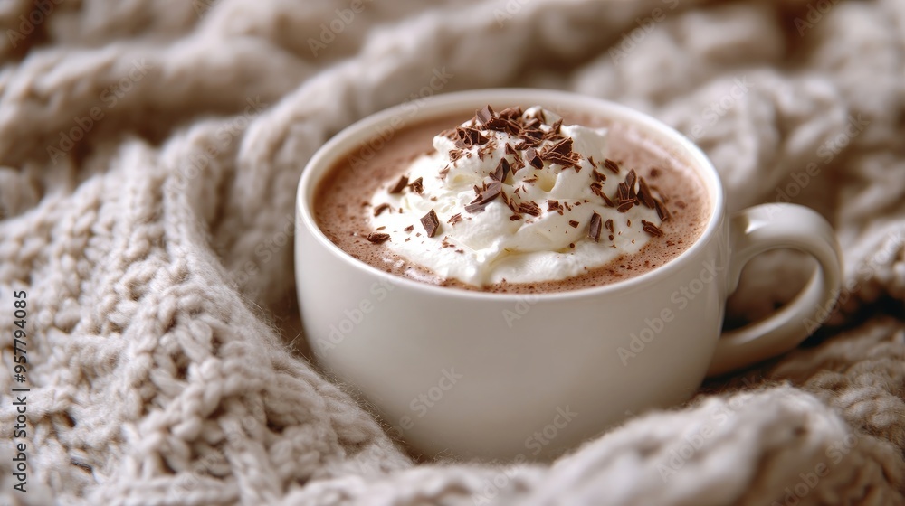 A cup of hot chocolate with whipped cream and chocolate shavings on top, placed on a cozy knitted blanket. A cup of hot chocolate with whipped cream and chocolate shavings on top, placed on a cozy knitted blanket.