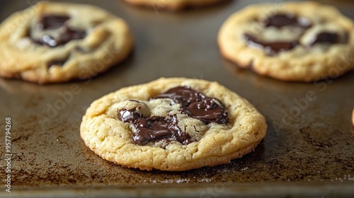 A delicious chocolate chip cookie on a baking sheet, with a close-up on the melted chocolate and golden edges.