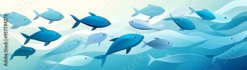 Vector illustration of a school of abstract fish swimming in the ocean, showcasing a colorful underwater marine life scene. photo