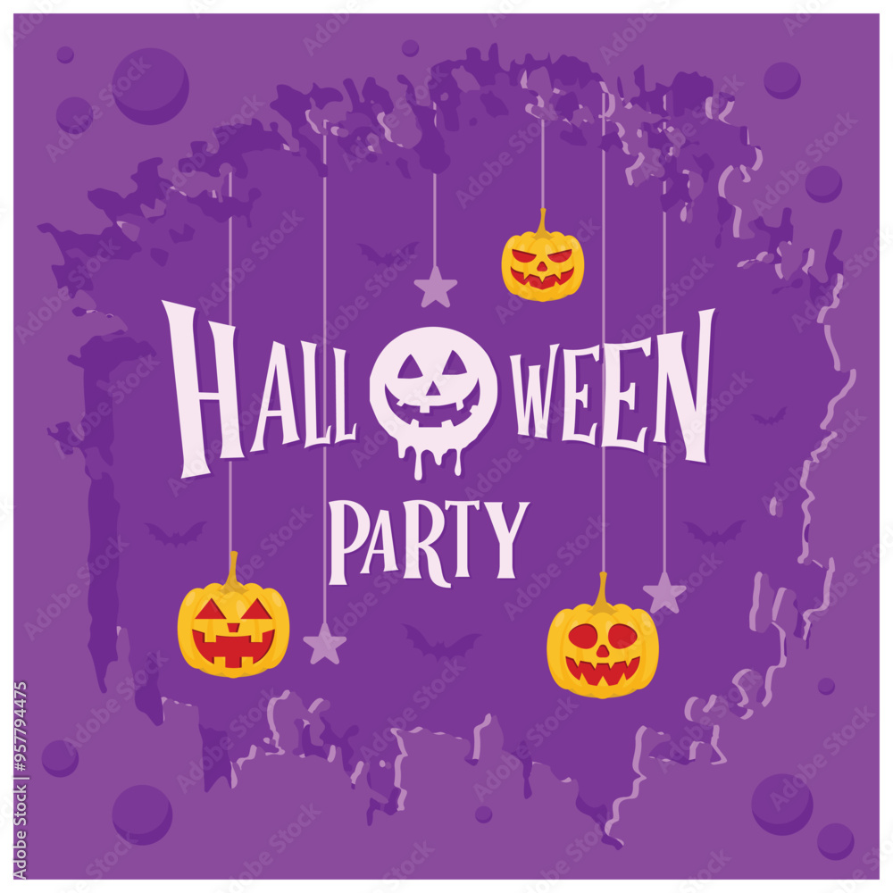 Fun Halloween party. Halloween pumpkin with a cute ghost on a purple background. Halloween Party concept. Flat vector illustration. Fun Halloween party. Halloween pumpkin with a cute ghost on a purple background. Halloween Party concept. Flat vector illustration.