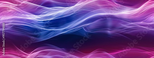 Soft blue waves ripple across a bluish-purple gradient background, creating a serene, flowing texture. The design resembles smoke or water, emitting a calming glow.