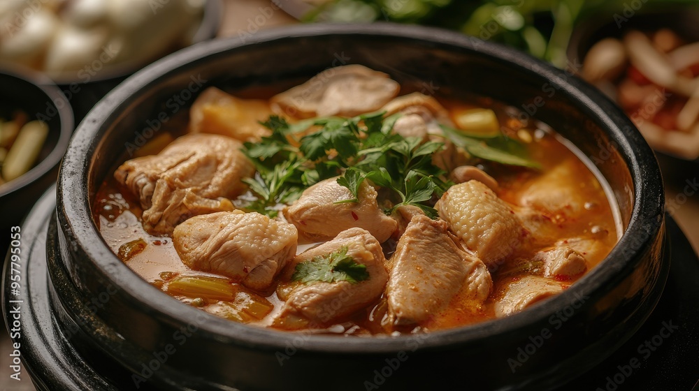 A close-up of the rich, flavorful Samgyetang soup with tender chicken pieces in a hot stone pot, surrounded by fresh herbs and spices, capturing the essence of summer dining in Korea A close-up of the rich, flavorful Samgyetang soup with tender chicken pieces in a hot stone pot, surrounded by fresh herbs and spices, capturing the essence of summer dining in Korea