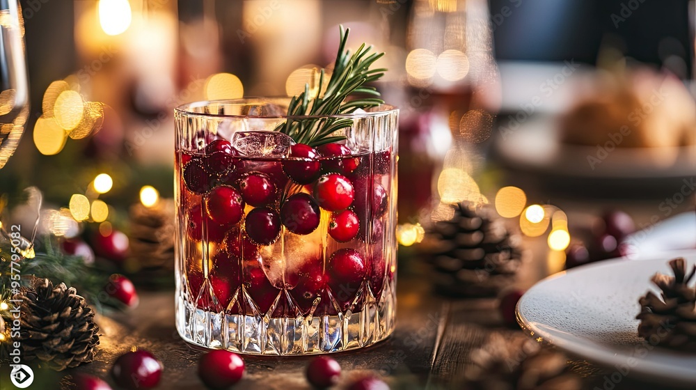 A close-up shot of a cranberry cocktail with rosemary on a winter holiday table, decorated with fairy lights, pine cones, and red cranberries, creating a cozy atmosphere A close-up shot of a cranberry cocktail with rosemary on a winter holiday table, decorated with fairy lights, pine cones, and red cranberries, creating a cozy atmosphere