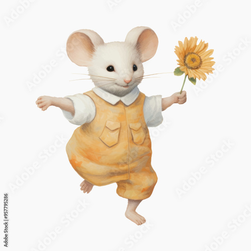 Adorable mouse holding sunflower