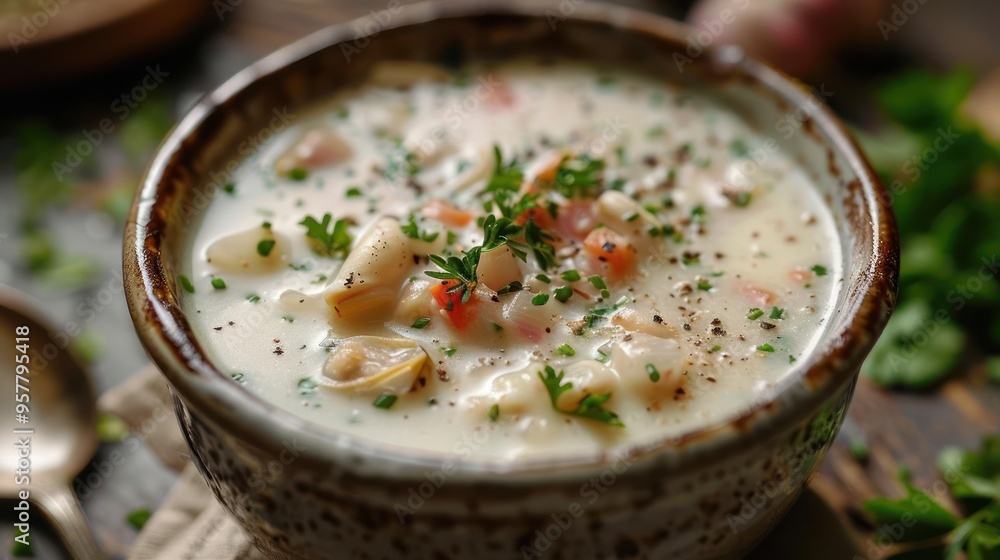 A bowl of chowder with diced potatoes, topped with fresh herbs and garnishes. A bowl of chowder with diced potatoes, topped with fresh herbs and garnishes.