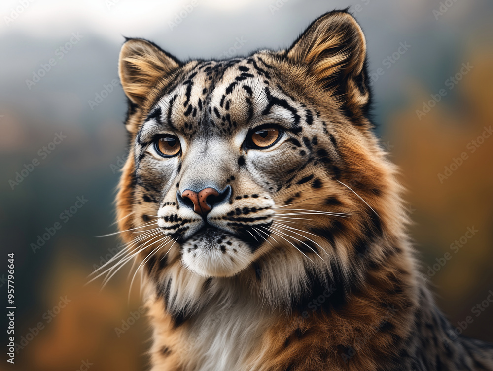 Snow Leopard, Panthera uncia, Ounce Close Up Portrait in Mountain Habitat Snow Leopard, Panthera uncia, Ounce Close Up Portrait in Mountain Habitat