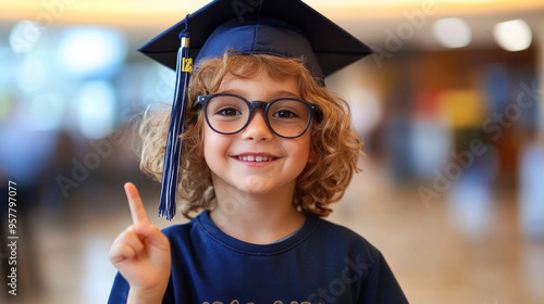 Wallpaper Mural A young child wearing a graduation cap and glasses is pointing to the camera. Concept of accomplishment and pride, as the child is likely celebrating their graduation Torontodigital.ca