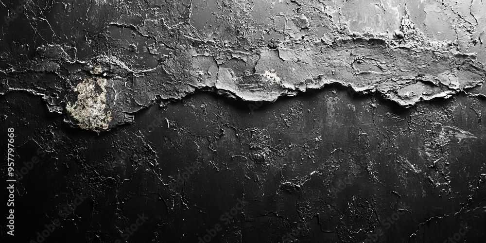 Fototapeta premium A textured black wall with peeling paint creates an abstract background.