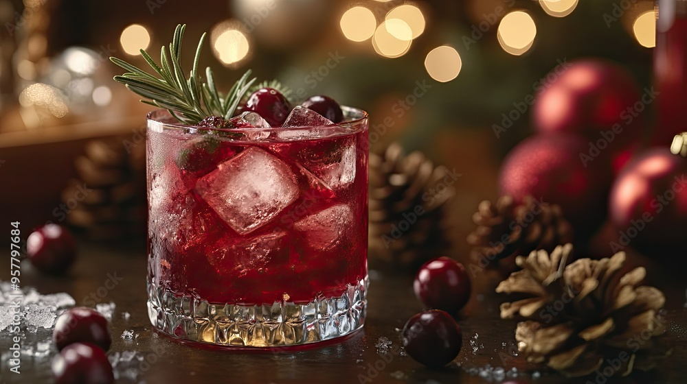 A front view of a festive cranberry Christmas cocktail with sprigs of rosemary, served in a glass with ice, on a winter-themed table decorated with pine cones and ornaments A front view of a festive cranberry Christmas cocktail with sprigs of rosemary, served in a glass with ice, on a winter-themed table decorated with pine cones and ornaments