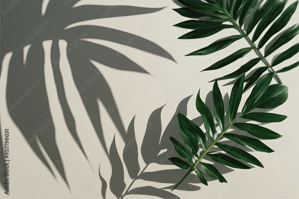 Obraz premium Chic Tropical Leaves Shadow Overlay on Minimalist Background for Fresh Aesthetic and Creative Design