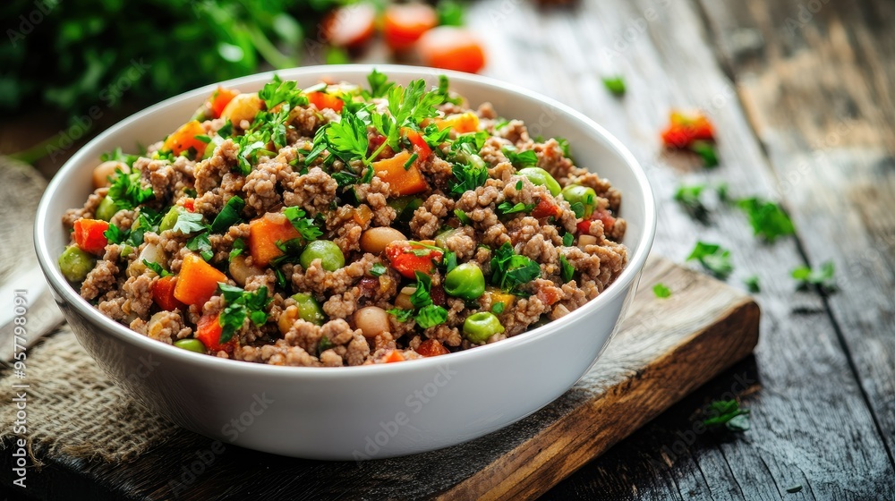 A healthy bowl of minced beef with mixed vegetables in a white bowl, placed on a rustic wooden surface, garnished with fresh herbs, warm and inviting A healthy bowl of minced beef with mixed vegetables in a white bowl, placed on a rustic wooden surface, garnished with fresh herbs, warm and inviting