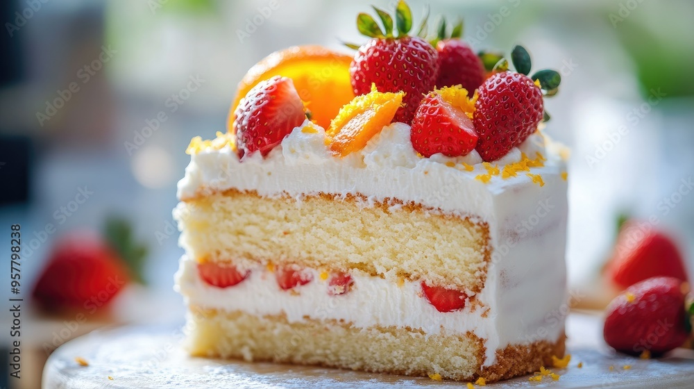 A homemade vanilla cake with orange zest and fresh strawberry toppings, captured with a shallow depth of field to highlight the rich textures and colors A homemade vanilla cake with orange zest and fresh strawberry toppings, captured with a shallow depth of field to highlight the rich textures and colors