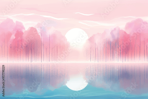 Serene pink forest reflection