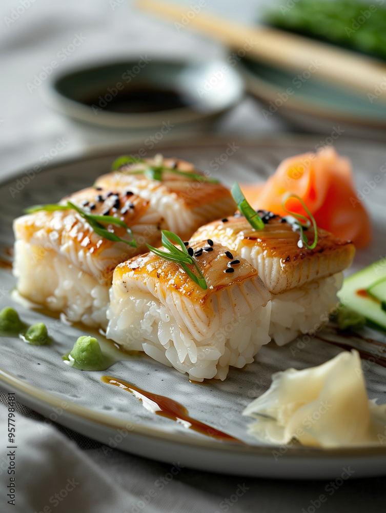 Nigiri Aji sushi with light beige background, Seared fish on rice, Japanese Nigiri close up Nigiri Aji sushi with light beige background, Seared fish on rice, Japanese Nigiri close up