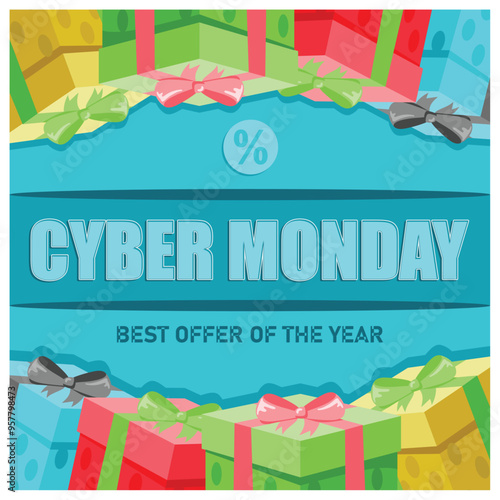 Advertisement of the best offers at the end of the year. Gift box with colorful ribbons on a blue background. Cyber ​​Monday concept. Flat vector illustration.