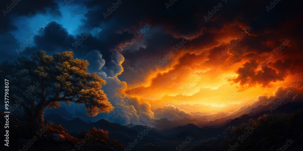 Naklejka premium A breathtaking landscape showcasing dramatic clouds and a vibrant sunset behind a solitary tree.