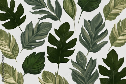 Lush Green Botanical Leaves with Gentle Shadow on Transparent Background