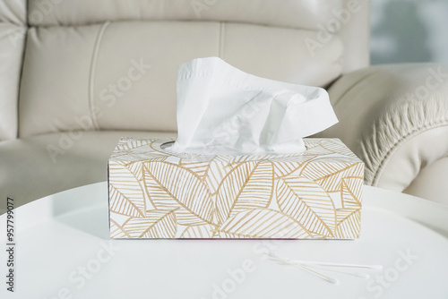 Tissue box and cotton swab in the living room